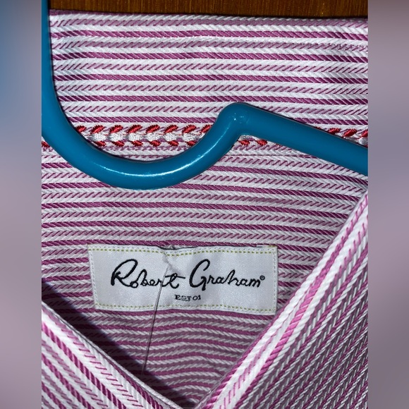 Robert Graham Men’s Button Down Shirt 16.5 Neck With Pink and White Stripe - Picture 4 of 6